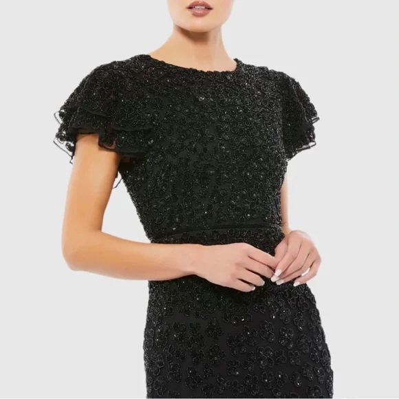 Mac Duggal HAND BEADED FLOUNCE SLEEVE MIDI DRESS Black Size 12 Style 10771 - Picture 3 of 12